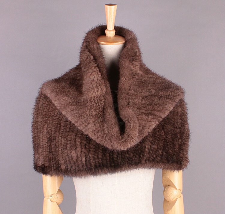 Winter Women Knitted Genuine Mink Fur Shawl Scarf Elasticity Large Fur Neck Wraps - Brown