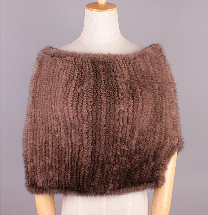 Winter Women Knitted Genuine Mink Fur Shawl Scarf Elasticity Large Fur Neck Wraps - Brown