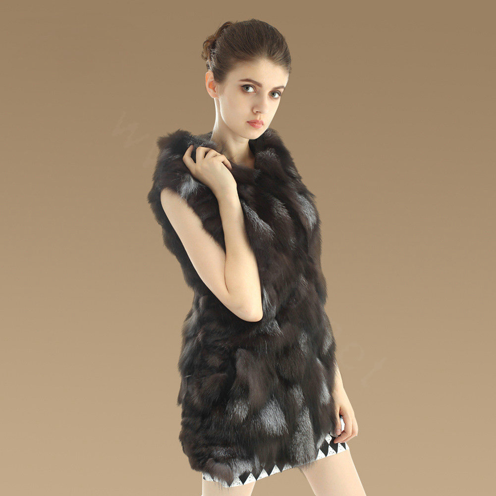 Women Fashion Luxury Genuine Natural Silver Fox Fur Vest With Hooded Long Fur Gilet - Coffee
