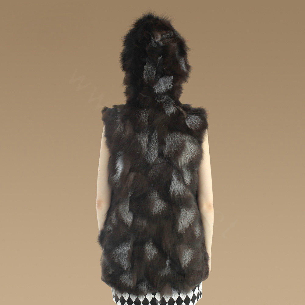 Women Fashion Luxury Genuine Natural Silver Fox Fur Vest With Hooded Long Fur Gilet - Coffee