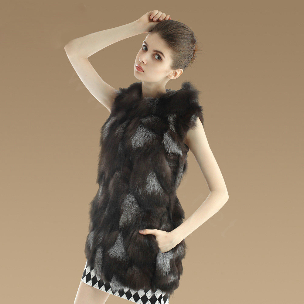 Women Fashion Luxury Genuine Natural Silver Fox Fur Vest With Hooded Long Fur Gilet - Coffee