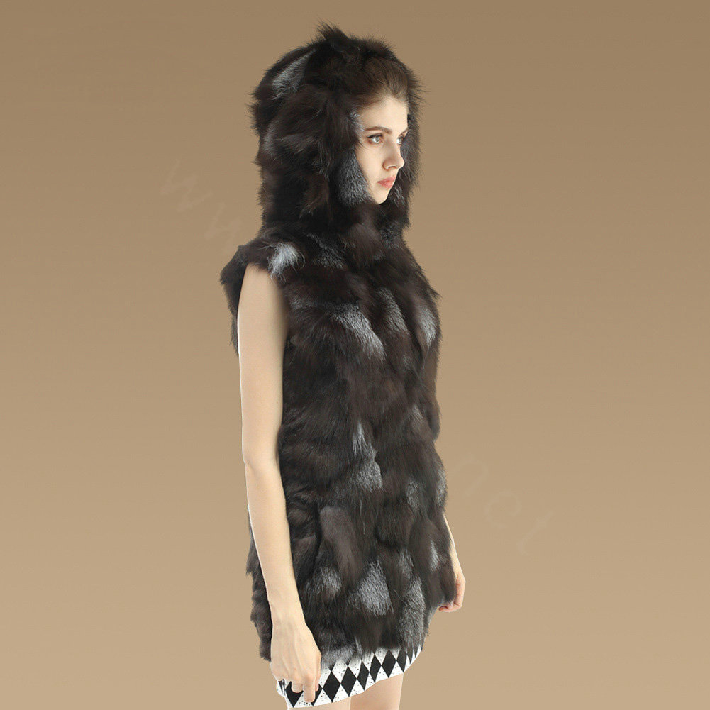Women Fashion Luxury Genuine Natural Silver Fox Fur Vest With Hooded Long Fur Gilet - Coffee