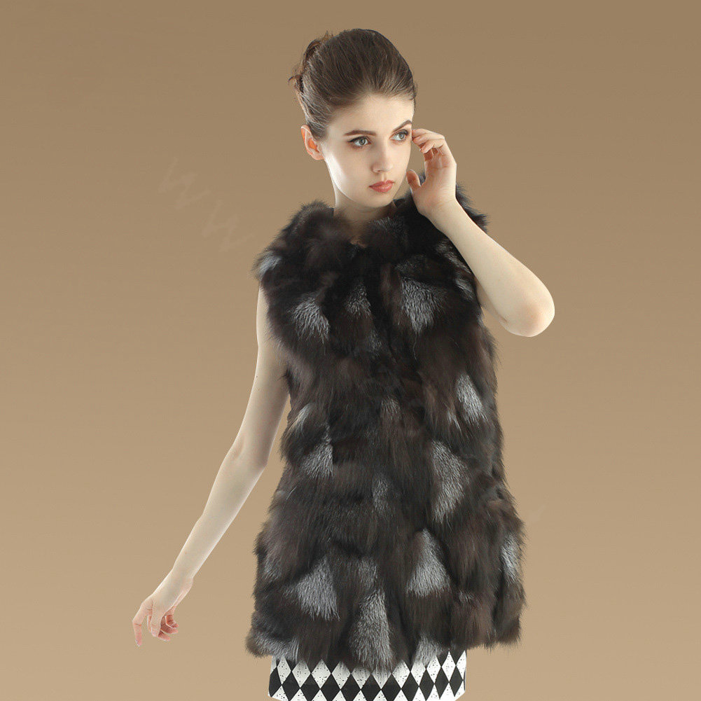 Women Fashion Luxury Genuine Natural Silver Fox Fur Vest With Hooded Long Fur Gilet - Coffee
