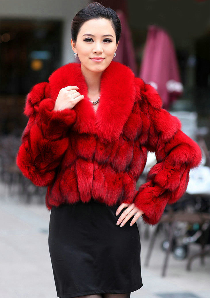 Women Luxury Genuine Fox Fur Coats Fashion Short Jacket Winter Real Fur Outerwear - Red