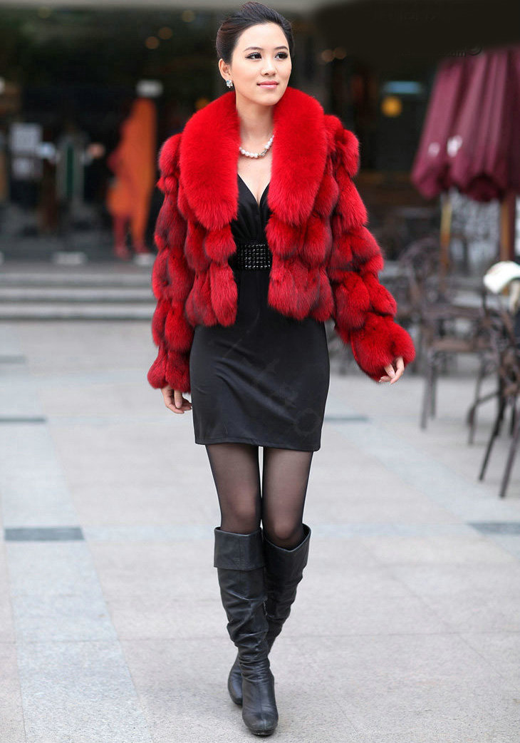 Women Luxury Genuine Fox Fur Coats Fashion Short Jacket Winter Real Fur Outerwear - Red