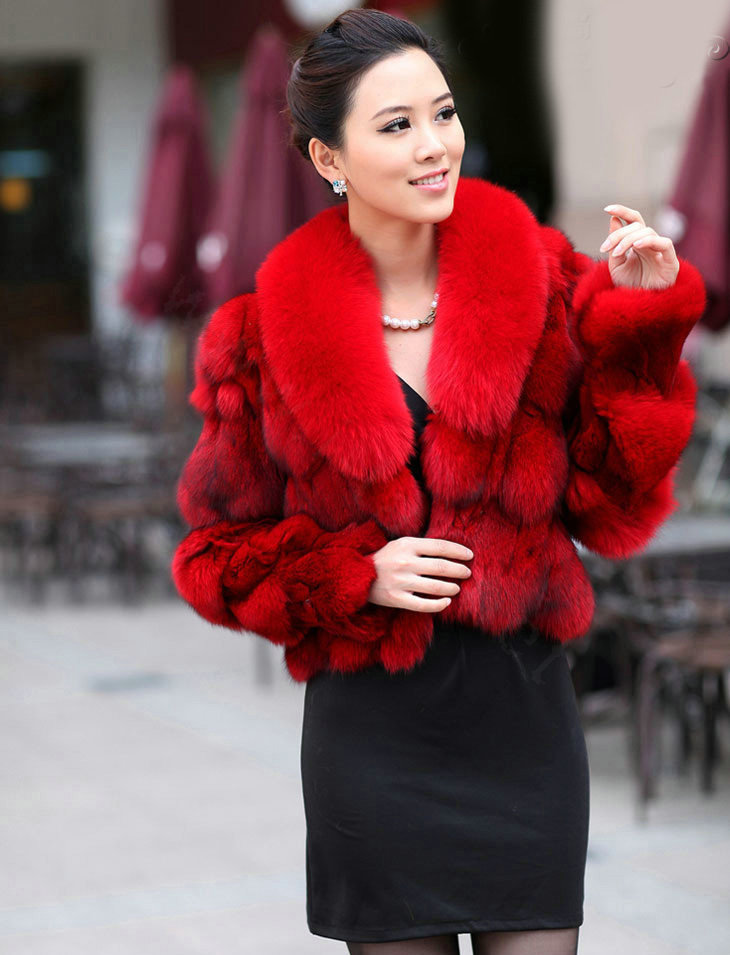 Women Luxury Genuine Fox Fur Coats Fashion Short Jacket Winter Real Fur Outerwear - Red