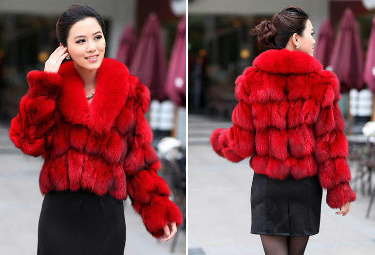 Women Luxury Genuine Fox Fur Coats Fashion Short Jacket Winter Real Fur Outerwear - Red
