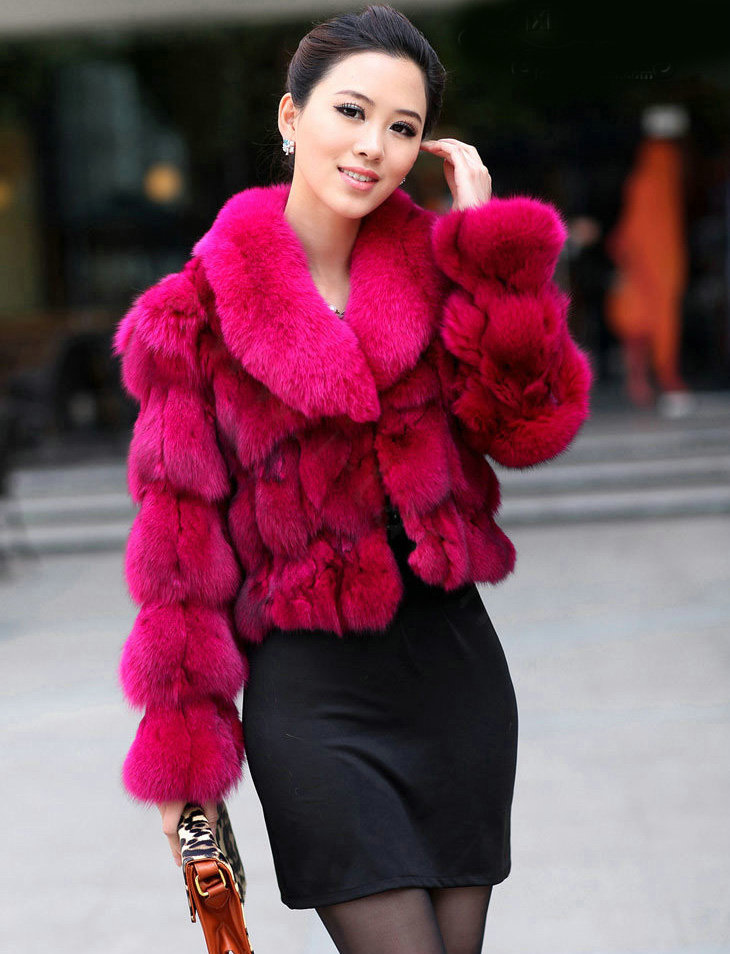 Women Luxury Genuine Fox Fur Coats Fashion Short Jacket Winter Real Fur Outerwear - Rose
