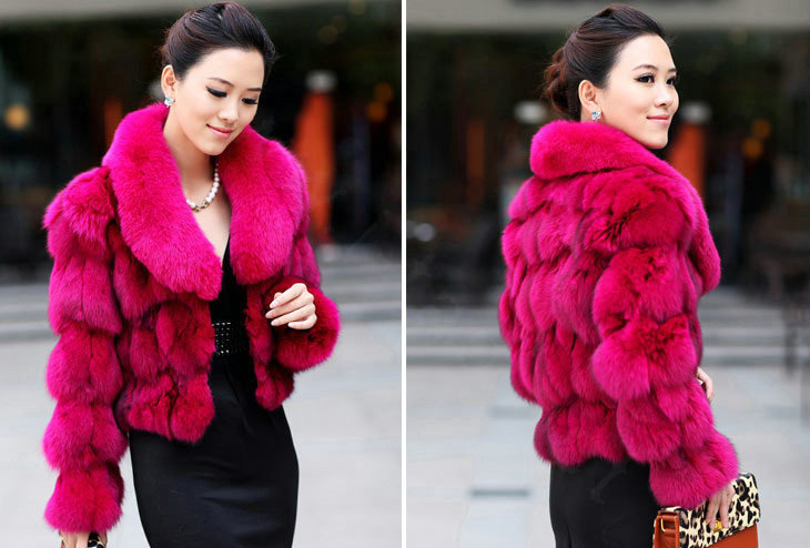 Women Luxury Genuine Fox Fur Coats Fashion Short Jacket Winter Real Fur Outerwear - Rose