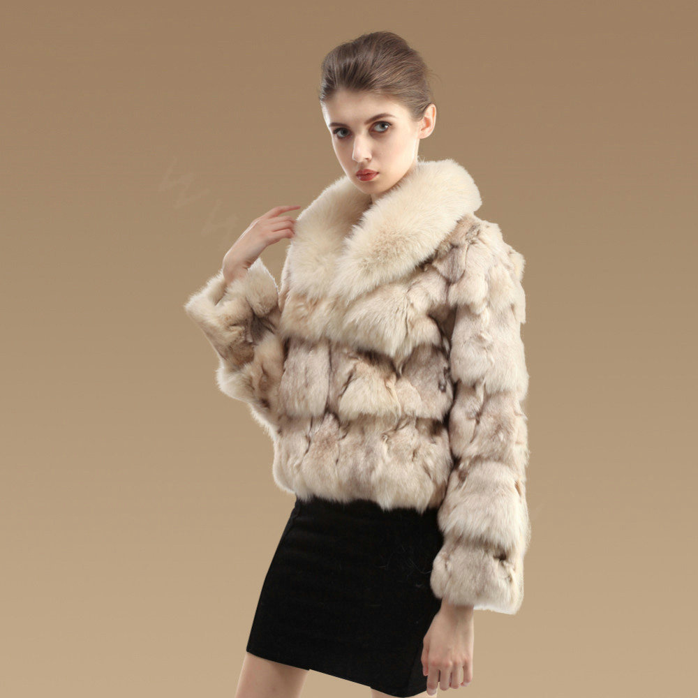 Women Luxury Genuine Fox Fur Coats Fashion Short Jacket Winter Real Nature Fur Outerwear - Beige
