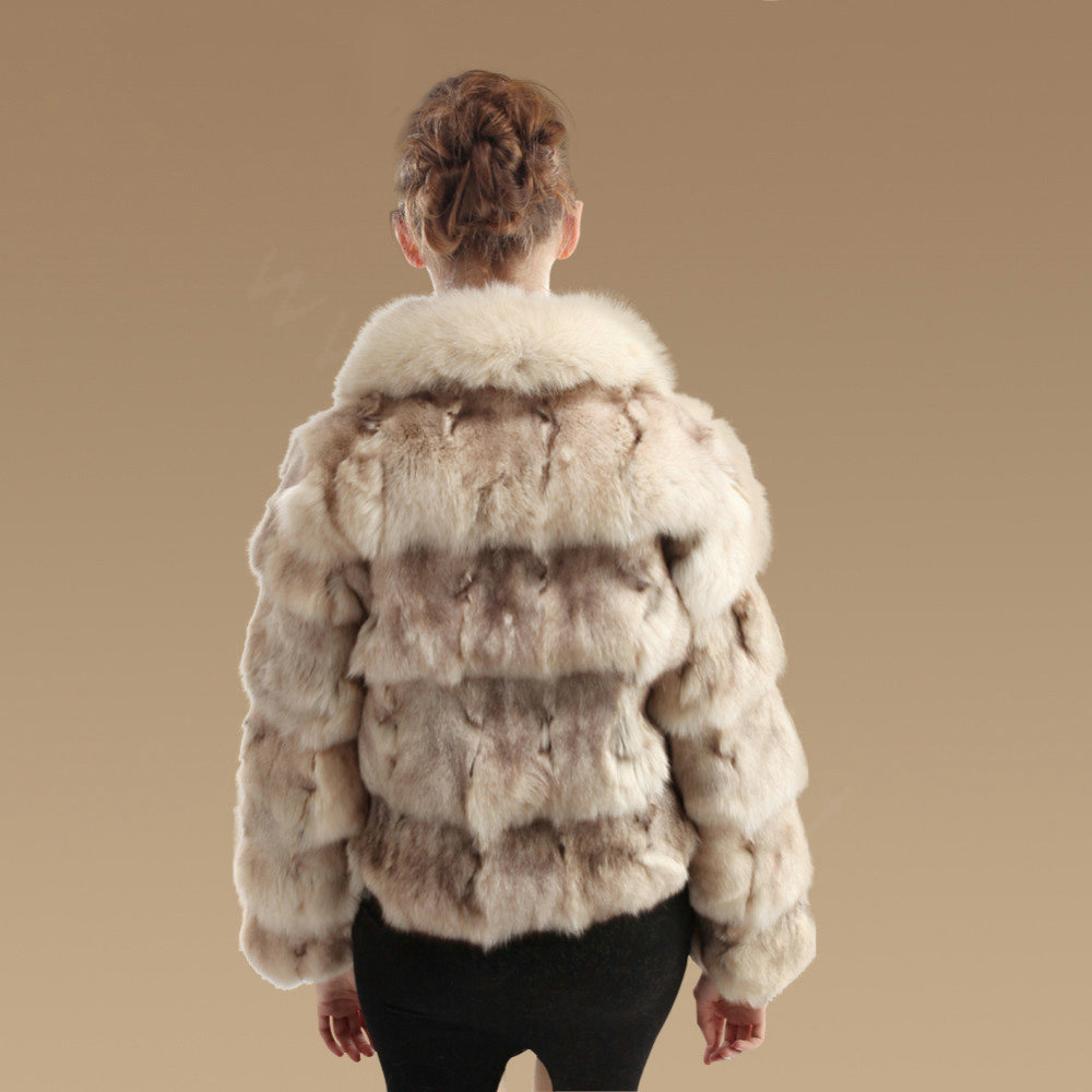 Women Luxury Genuine Fox Fur Coats Fashion Short Jacket Winter Real Nature Fur Outerwear - Beige