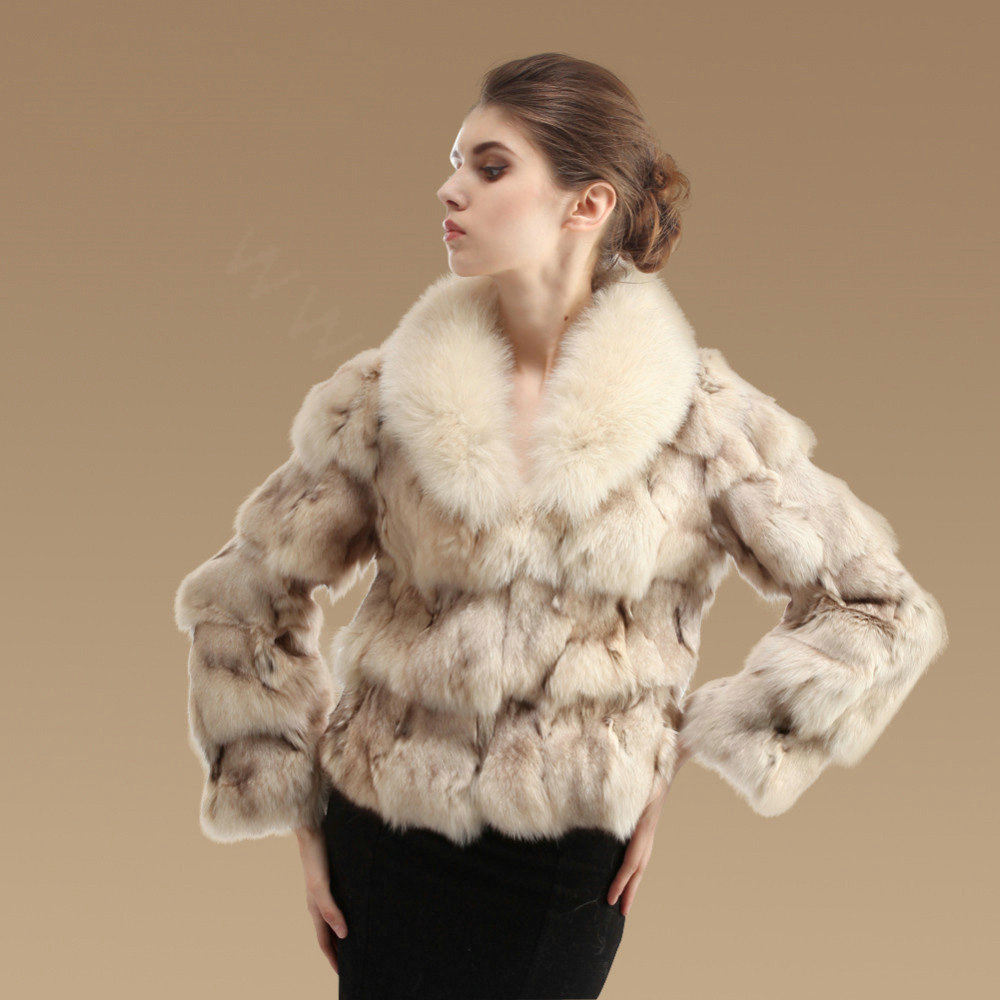 Women Luxury Genuine Fox Fur Coats Fashion Short Jacket Winter Real Nature Fur Outerwear - Beige