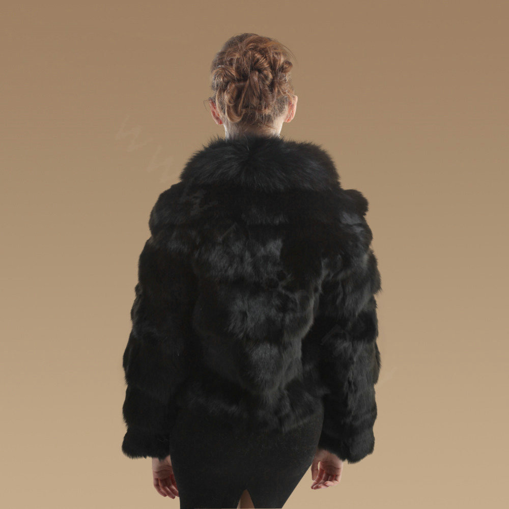 Women Luxury Genuine Fox Fur Coats Fashion Short Jacket Winter Real Nature Fur Outerwear - Black