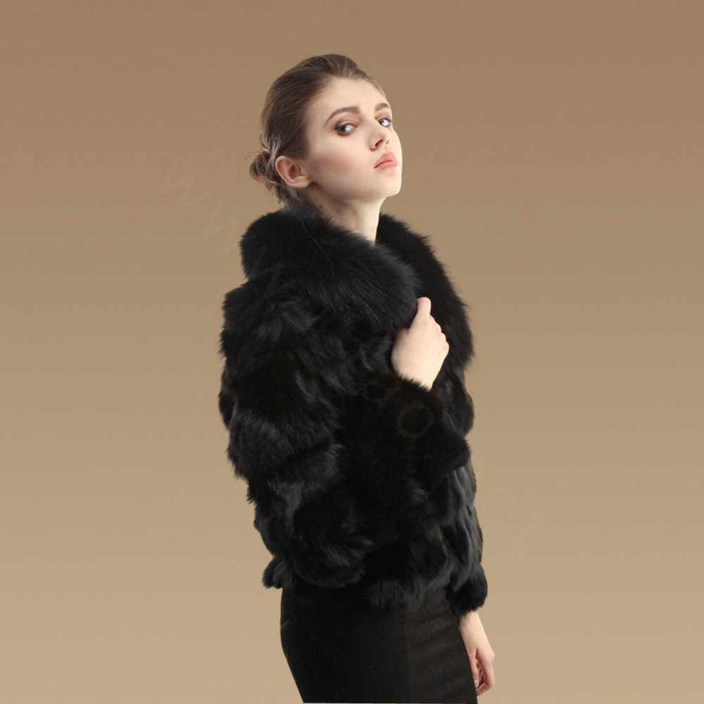 Women Luxury Genuine Fox Fur Coats Fashion Short Jacket Winter Real Nature Fur Outerwear - Black