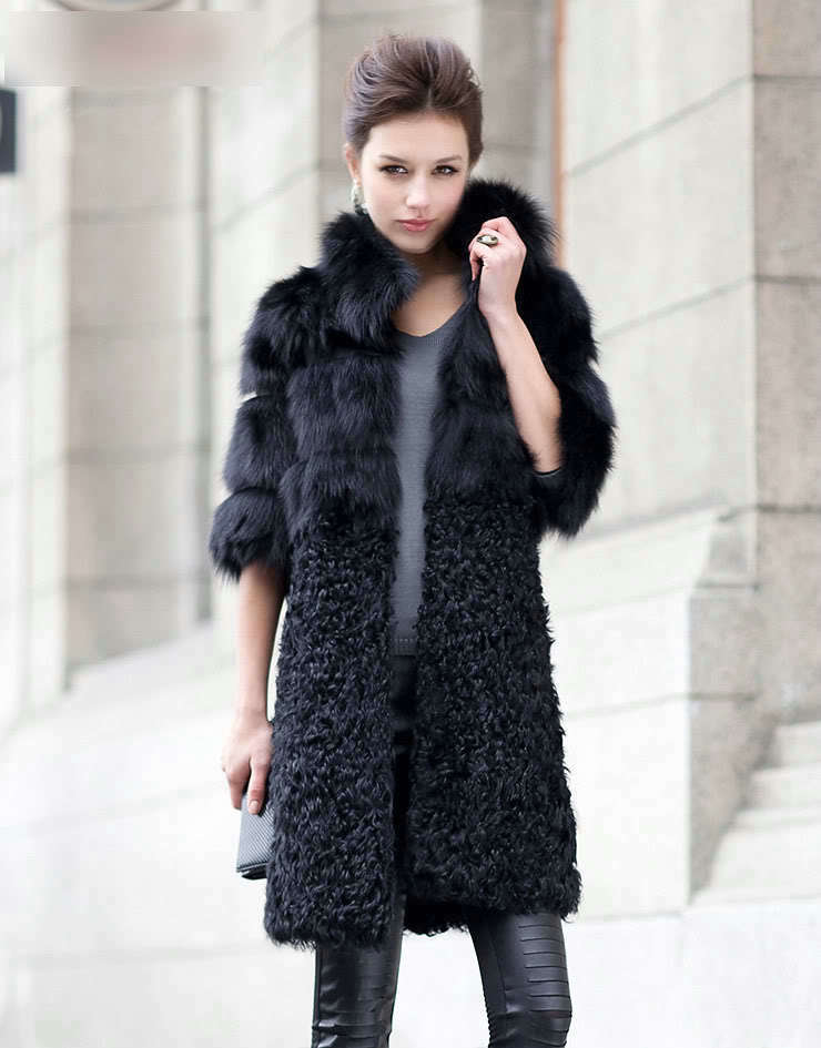 Women Luxury Genuine Nature Fox Fur Coat and Lamb Fur Jacket Ladies Winter Long Outwear - Black
