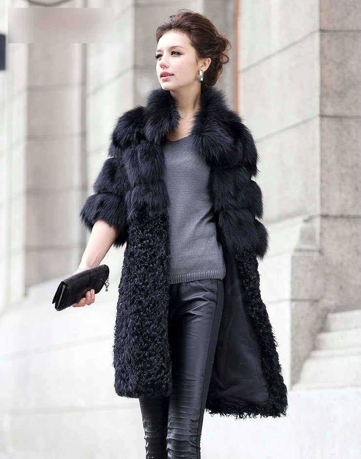 Women Luxury Genuine Nature Fox Fur Coat and Lamb Fur Jacket Ladies Winter Long Outwear - Black