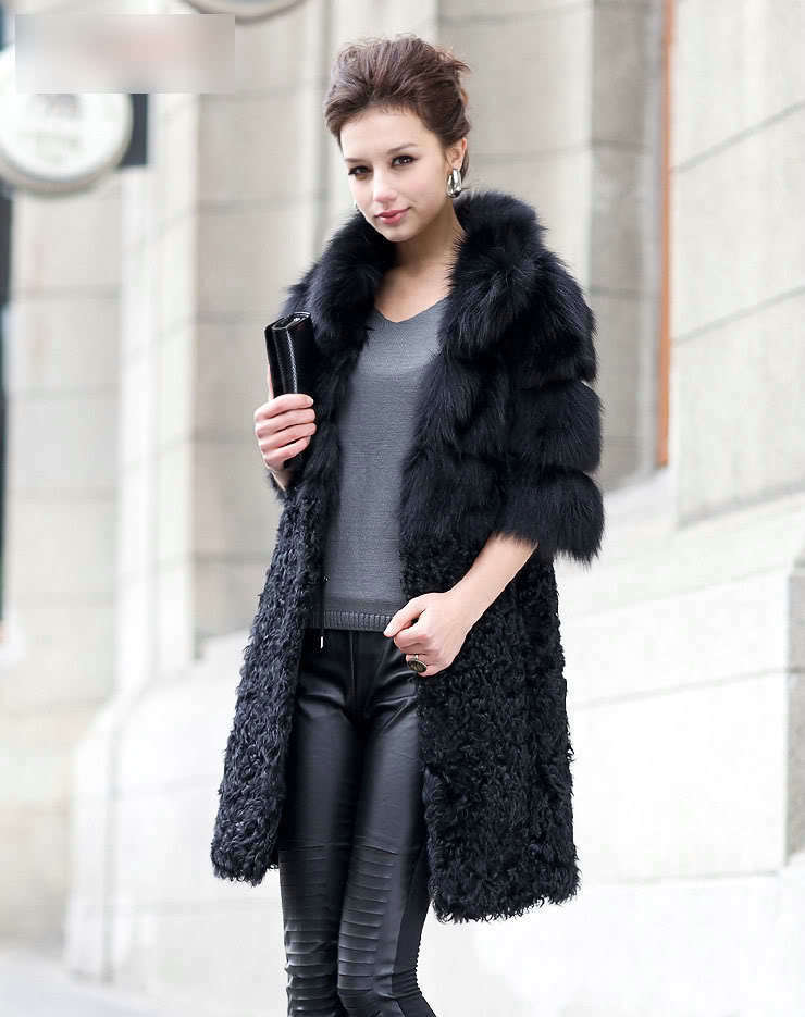 Women Luxury Genuine Nature Fox Fur Coat and Lamb Fur Jacket Ladies Winter Long Outwear - Black