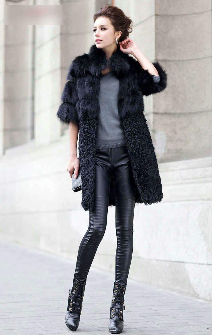 Women Luxury Genuine Nature Fox Fur Coat and Lamb Fur Jacket Ladies Winter Long Outwear - Black