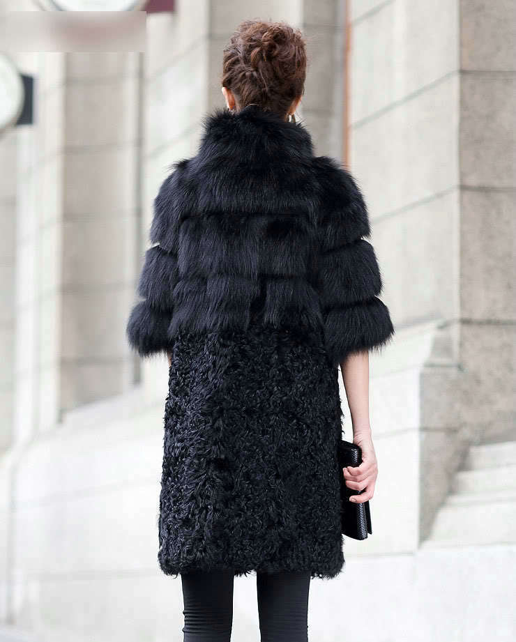 Women Luxury Genuine Nature Fox Fur Coat and Lamb Fur Jacket Ladies Winter Long Outwear - Black