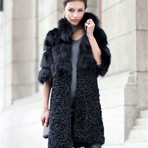 Women Luxury Genuine Nature Fox Fur Coat and Lamb Fur Jacket Ladies Winter Long Outwear - Black