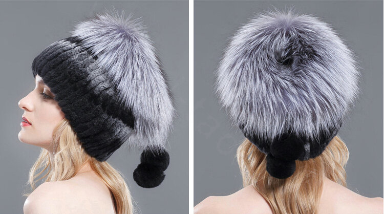 Women Winter Genuine Rex Rabbit Fur Hat With Fox Fur Pom Poms Top Knitted Beanies - Black Grey