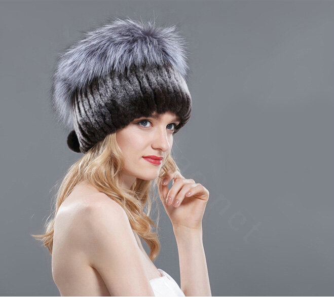Women Winter Genuine Rex Rabbit Fur Hat With Fox Fur Pom Poms Top Knitted Beanies - Coffee Grey