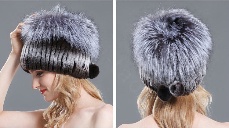 Women Winter Genuine Rex Rabbit Fur Hat With Fox Fur Pom Poms Top Knitted Beanies - Coffee Grey