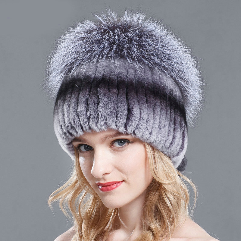 Women Winter Genuine Rex Rabbit Fur Hat With Fox Fur Pom Poms Top Knitted Beanies - Nature Blue
