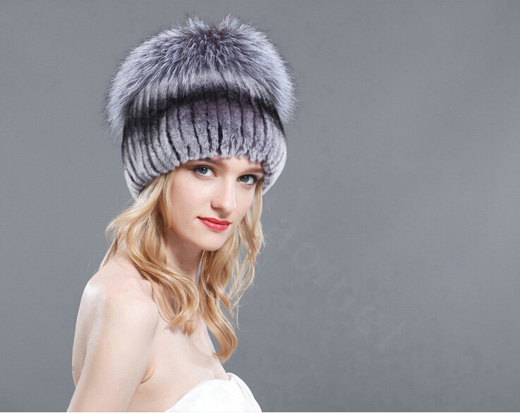 Women Winter Genuine Rex Rabbit Fur Hat With Fox Fur Pom Poms Top Knitted Beanies - Nature Blue