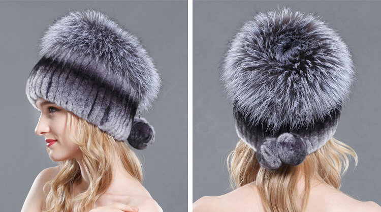 Women Winter Genuine Rex Rabbit Fur Hat With Fox Fur Pom Poms Top Knitted Beanies - Nature Blue