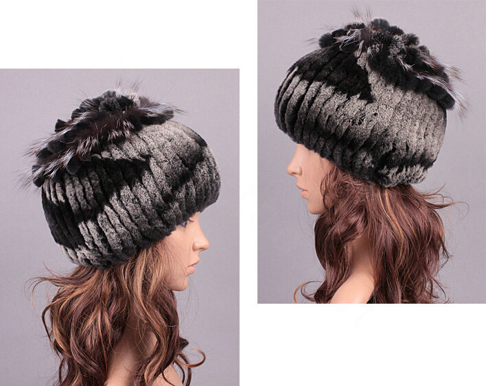 Women Winter Knitted Beanies Genuine Rex Rabbit Fur Hat With Fox Fur Flower Top Hat - Black Grey