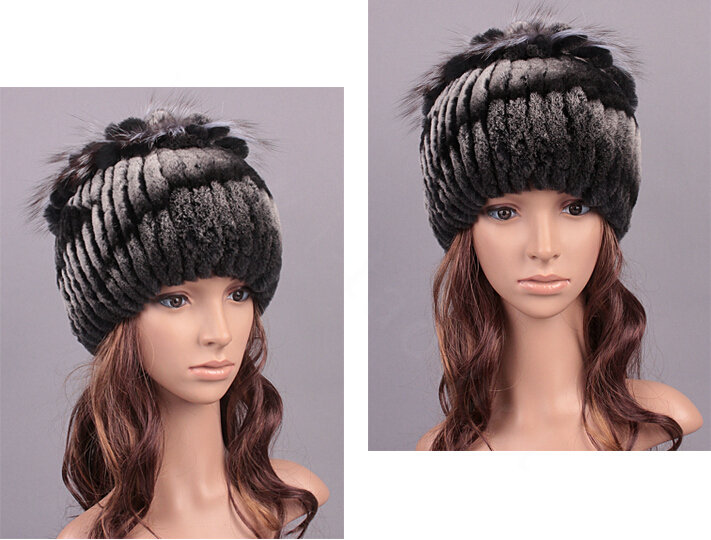 Women Winter Knitted Beanies Genuine Rex Rabbit Fur Hat With Fox Fur Flower Top Hat - Black Grey