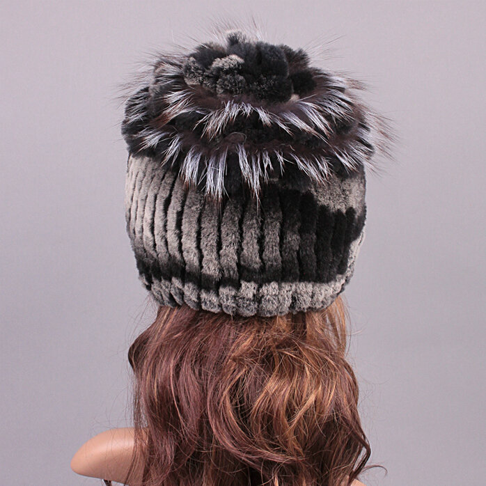 Women Winter Knitted Beanies Genuine Rex Rabbit Fur Hat With Fox Fur Flower Top Hat - Black Grey