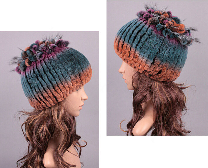 Women Winter Knitted Beanies Genuine Rex Rabbit Fur Hat With Fox Fur Flower Top Hat - Blue Orange