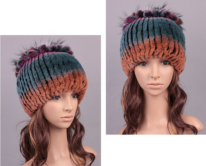 Women Winter Knitted Beanies Genuine Rex Rabbit Fur Hat With Fox Fur Flower Top Hat - Blue Orange