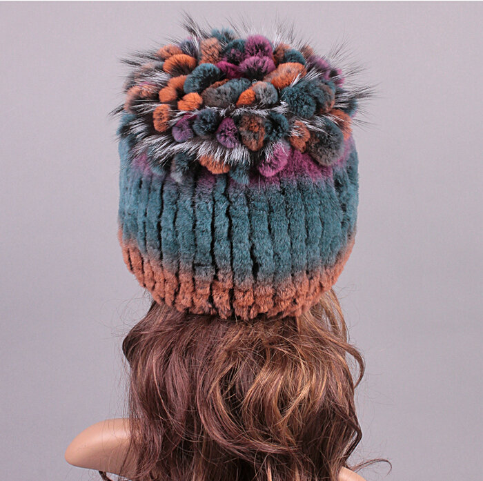 Women Winter Knitted Beanies Genuine Rex Rabbit Fur Hat With Fox Fur Flower Top Hat - Blue Orange