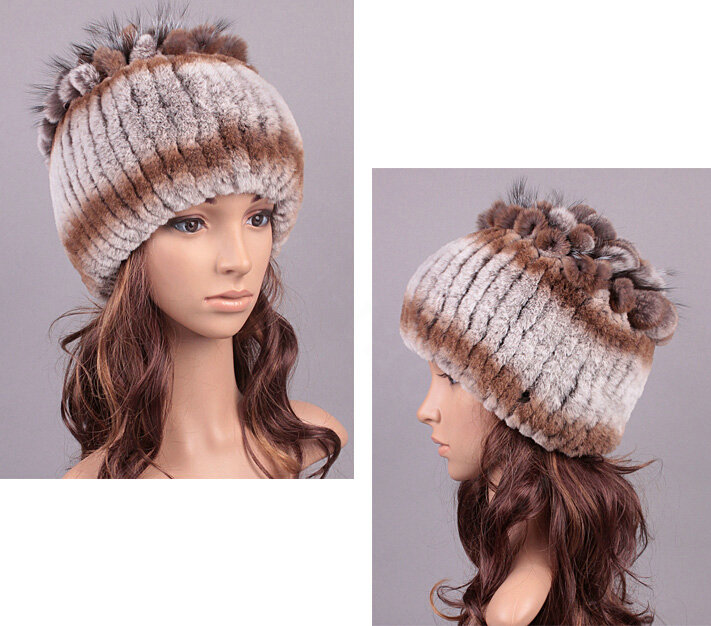 Women Winter Knitted Beanies Genuine Rex Rabbit Fur Hat With Fox Fur Flower Top Hat - Grey Brown