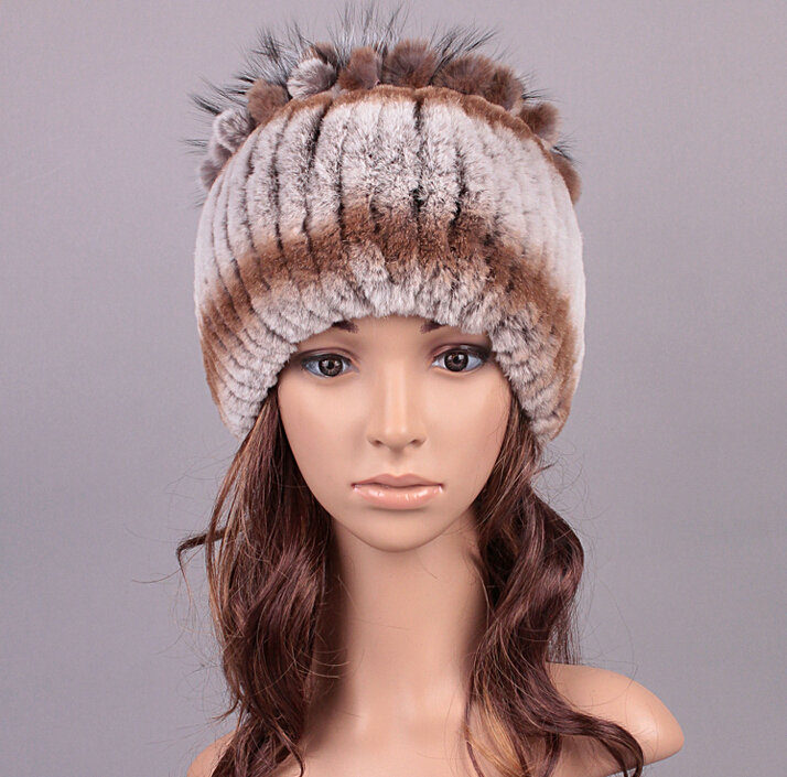 Women Winter Knitted Beanies Genuine Rex Rabbit Fur Hat With Fox Fur Flower Top Hat - Grey Brown