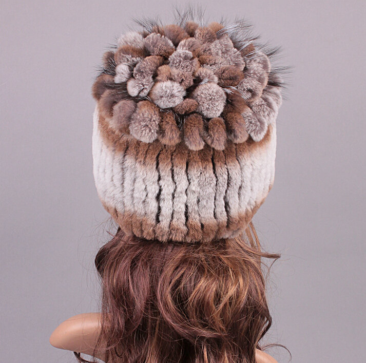 Women Winter Knitted Beanies Genuine Rex Rabbit Fur Hat With Fox Fur Flower Top Hat - Grey Brown