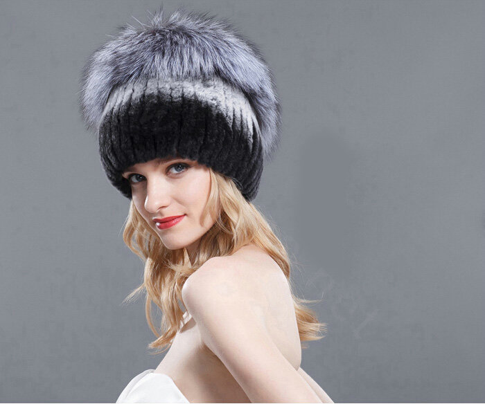 Women Winter Knitted Beanies Genuine Rex Rabbit Fur Hat With Fox Fur Pom Poms Top - Black Grey