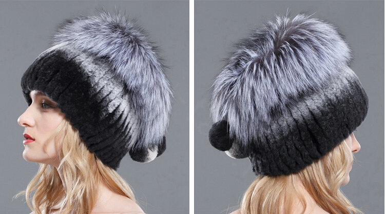 Women Winter Knitted Beanies Genuine Rex Rabbit Fur Hat With Fox Fur Pom Poms Top - Black Grey