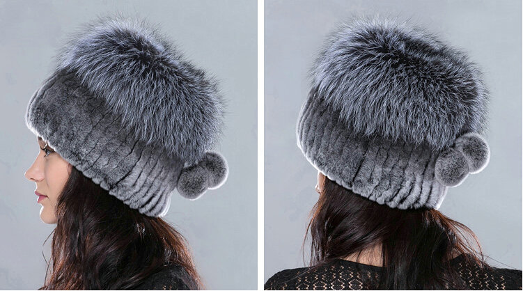 Women Winter Knitted Beanies Genuine Rex Rabbit Fur Hat With Fox Fur Pom Poms Top - Deep Grey