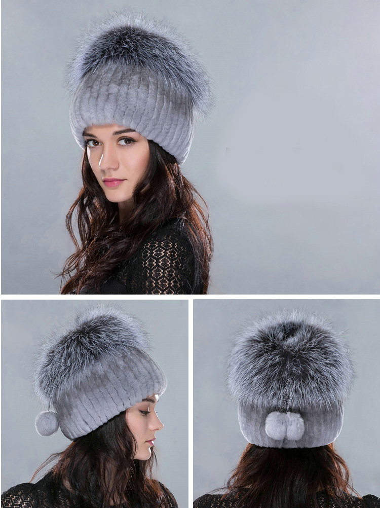 Women Winter Knitted Beanies Genuine Rex Rabbit Fur Hat With Fox Fur Pom Poms Top - Light Grey