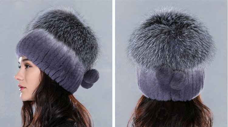Women Winter Knitted Beanies Genuine Rex Rabbit Fur Hat With Fox Fur Pom Poms Top - Nature Blue