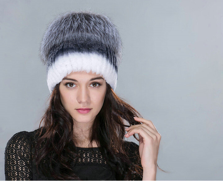 Women Winter Knitted Beanies Genuine Rex Rabbit Fur Hat With Fox Fur Pom Poms Top - White Grey