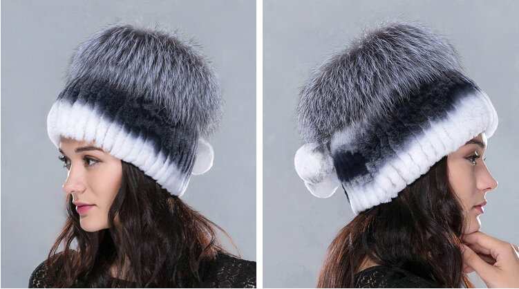 Women Winter Knitted Beanies Genuine Rex Rabbit Fur Hat With Fox Fur Pom Poms Top - White Grey