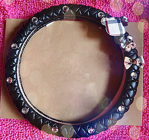 Bowknot Bear Diamond Genuine Leather Car Steering Wheel Covers 15 inch 38CM - Black