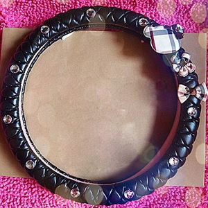 Bowknot Bear Diamond Genuine Leather Car Steering Wheel Covers 15 inch 38CM - Black