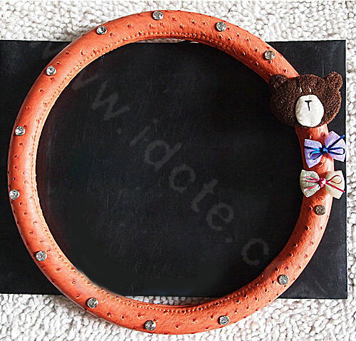 Bowknot Bear Diamond Genuine Leather Car Steering Wheel Covers 15 inch 38CM - Orange