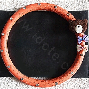 Bowknot Bear Diamond Genuine Leather Car Steering Wheel Covers 15 inch 38CM - Orange